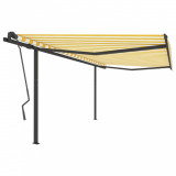 Copertină retractabilă automat, cu st&acirc;lpi, galben&amp;alb, 4x3,5 m