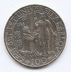 Cehoslovacia 100 Koruny 1948 - (comemorativa: 600 ani Universitatea Carol) Argint, KM-26 (1)