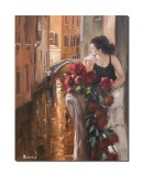 Tablou tanara pe balcon in Venetia, pictat manual, 90x70cm pictura ulei pe panza
