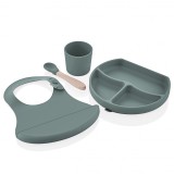 Cumpara ieftin Set diversificare 4 piese din silicon BabyJem: bavetica, farfurie, lingurita si pahar (Culoare: Vernil)