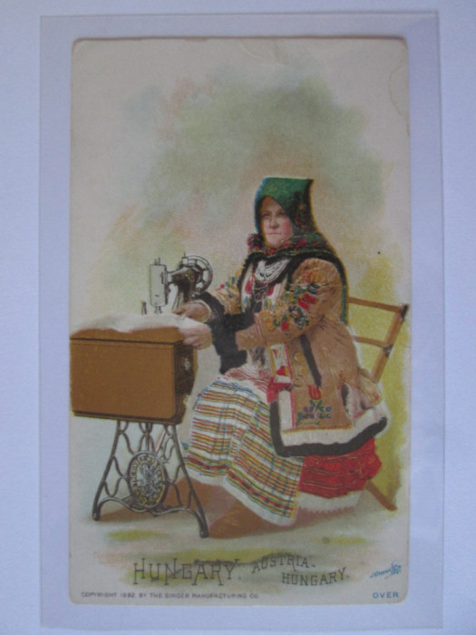 Carte chromo ilustrată publicitară/comercială Ungaria,mașină cusut Singer 1892