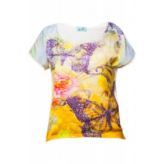 Tricou dama By Swan, imprimat floral, cu strasuri, Galben/Alb