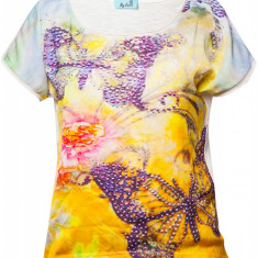 Tricou dama By Swan, imprimat floral, cu strasuri, Galben/Alb