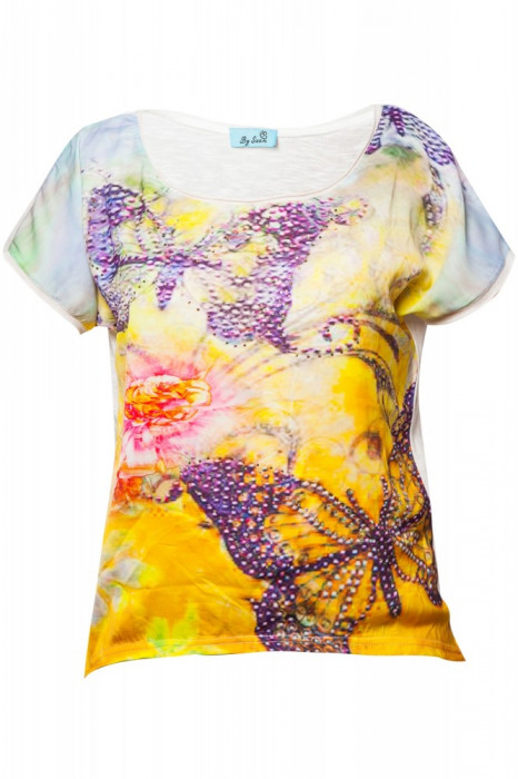 Tricou dama By Swan, imprimat floral, cu strasuri, Galben/Alb