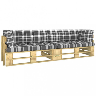Canapea din paleți 2 locuri, cu perne, lemn de pin verde tratat foto