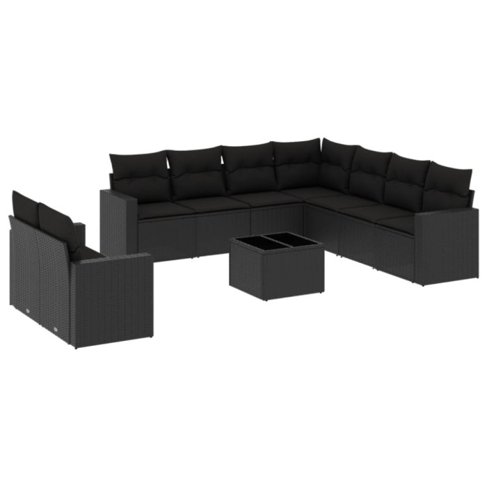 Set canapele de gradina cu perne, 10 piese, negru, poliratan