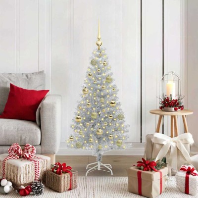 vidaXL Brad de Crăciun cu 150 LED cu suport Argintiu 120 cm PET 3396656 foto