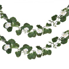 Ghirlandă Artificială, Flori Geranium, 1.8m, Culoare Alb-Verde, Material Plastic