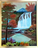 Tablou CASCADA IN MUNTI pictat in ulei pe p&acirc;nză, inramat 52,5x42,5 cm, Peisaje, Realism