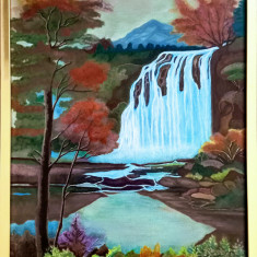 Tablou CASCADA IN MUNTI pictat in ulei pe pânză, inramat 52,5x42,5 cm