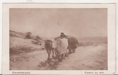 bnk cp Romania cp interbelica - Grigorescu - Carul cu boi - circulata 1925 foto