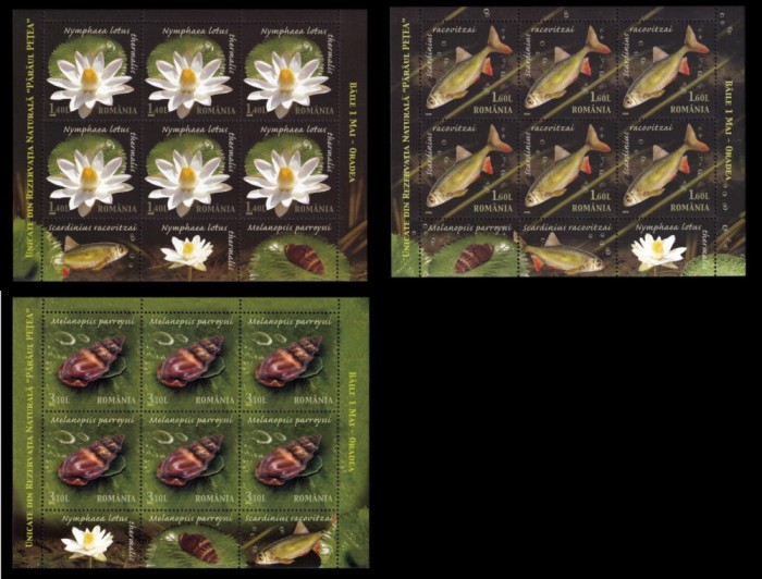 2008, Unicate din Rezervația &rdquo;P&acirc;r&acirc;ul Pețea&rdquo; Băile 1 Mai-Oradea, minicoli 6 timbre și 3 tabs-uri, pesti, nuferi, LP 1822A, MNH