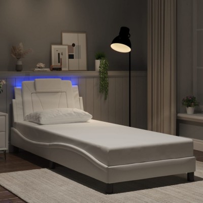 vidaXL Cadru de pat cu lumini LED, alb, 90x190 cm, piele ecologică 3213988 foto