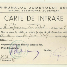 CARTE DE INTRARE - pentru Alegerile Electorale din 20 decembrie 1937