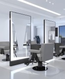 Consolă cu oglindă LED, pentru coafor, frizerie și cosmetică, 200x80, dublă față, culoare neagră