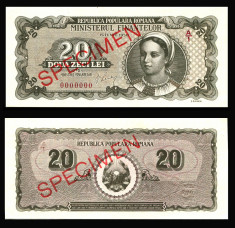 Bancnote Romania, bani vechi -20 lei 1950- SPECIMEN necirculata UNC foto