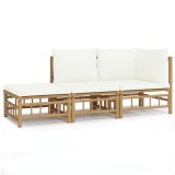 Set mobilier de gradina, cu perne alb crem, 3 piese, bambus