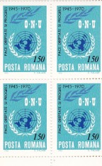 ROMANIA 1970 LP 746 - 25 ANI DE LA INFIINTAREA O.N.U. BLOC DE 4 TIMBRE MNH