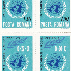 ROMANIA 1970 LP 746 - 25 ANI DE LA INFIINTAREA O.N.U. BLOC DE 4 TIMBRE MNH