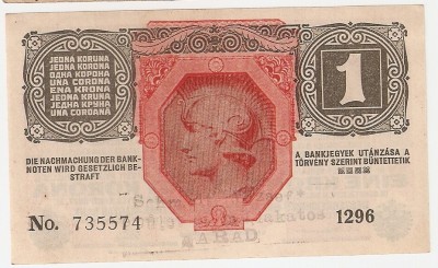 AUSTRIA UNGARIA 1 KRONE KORONA 1916 UNC STAMPILA REGIONALA SCHMIDT ARAD foto