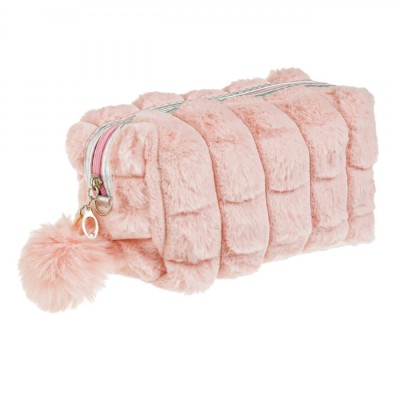 Portfard Imitatie Blana, Model Pompon, Culoare Roz, Dimensiuni 20x10x11cm foto