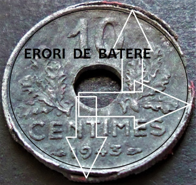 Moneda istorica 10 CENTIMES - FRANTA, anul 1943 *cod 4926 = ERORI de BATERE foto