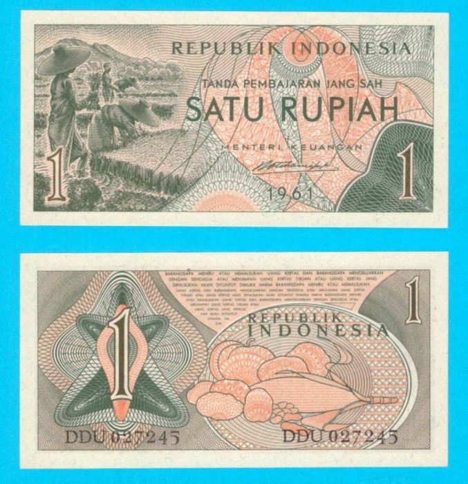 Indonezia (p#78) 1 Rupiah 1961 UNC &#039;Plantație de orez&#039; serie: DDU027245