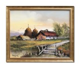 Tablou cu casa taraneasca pictat manual inramat, Amintiri din copilarie, 55x45cm ulei pe panza, rama din lemn, Geo Ungureanu