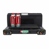Pachet aragaz camping cu 2 ochiuri, aprindere electrica, putere 2x2.5kw, din inox cu tava gril si cutie de transportat + 4 butelii 410ml / ZTS 5619_1