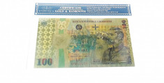 Bancnota 100 LEI 2018 Centenar Unire aur 24k gold certificat folie protectie foto