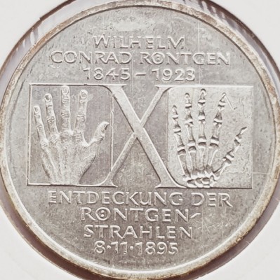 517 Germania 10 mark 1995 William Conrad R&amp;ouml;ntgen - D - km 187 argint foto