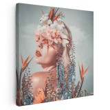 Tablou femeie cu flori pe ochi 2009 Tablou canvas pe panza CU RAMA 100x100 cm