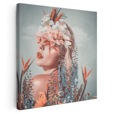Tablou femeie cu flori pe ochi 2009 Tablou canvas pe panza CU RAMA 30x30 cm