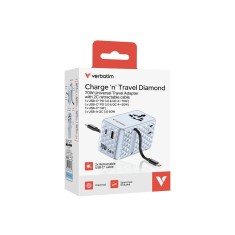 Adaptor Verbatim GaN,70W,2 cabluri retractab,bleuUSB-C PD 3.0 QC4+up to 70W/USB-A QC 4+up to 60W