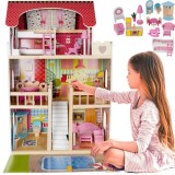 Căsuță din lemn pentru păpuși vilă cu piscină și mobilier