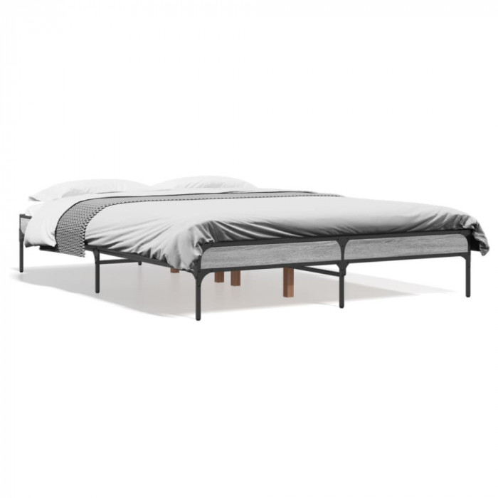 vidaXL Cadru de pat, gri sonoma, 135x190 cm, lemn prelucrat și metal