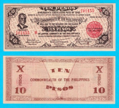 Filipine (p#S649) 10 Pesos 1942 aUNC &amp;#039;Negros Occidental&amp;#039; serie: 101455 B foto
