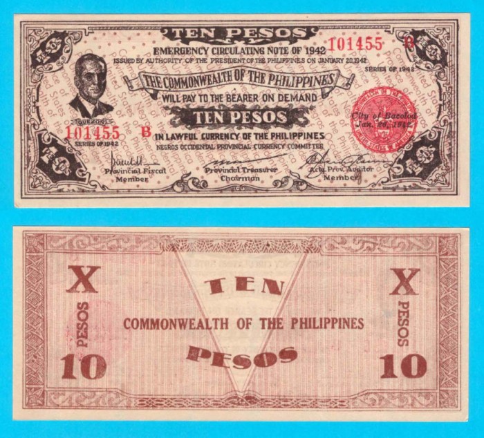 Filipine (p#S649) 10 Pesos 1942 aUNC &#039;Negros Occidental&#039; serie: 101455 B