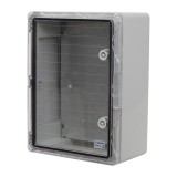 Cumpara ieftin Cutie distributie IP65 din ABS gri, usa transparenta, placa metalica, 300x400x170 mm PP3014