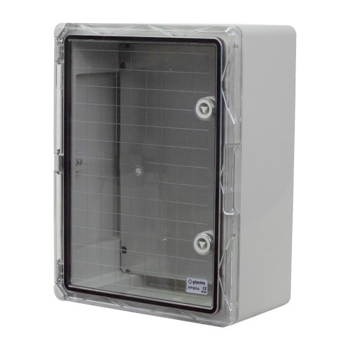 Cutie distributie IP65 din ABS gri, usa transparenta, placa metalica, 300x400x170 mm PP3014