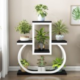 Suport flori modern HAWIRE SF-01, etajera decorativa pentru plante, 72x65x24 cm, cadru metal alb cu rafturi de lemn, stand plante interior, design ele