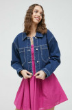Cumpara ieftin Abercrombie &amp; Fitch geaca jeans femei, culoarea albastru marin, de tranzitie, oversize