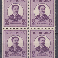 ROMANIA 1954 LP 375 - 50 ANI MOARTEA POETULUI T. NECULUTA BLOC DE 4 TIMBRE MNH