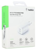 Belkin 65w Dual Usb-c Gan Wall Charger With Pps White