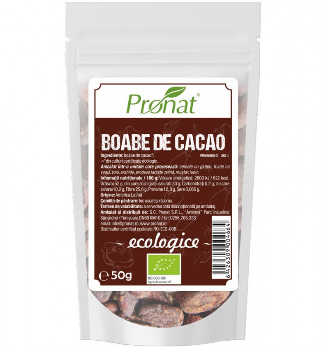 Boabe de cacao raw, bio, 50g Pronat