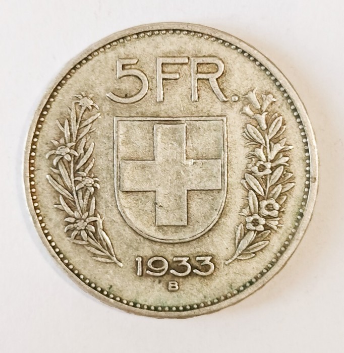 ELVETIA 5 FRANCI 1933 ARGINT XF ( CITITI DESCRIEREA )