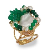 Cumpara ieftin Inel Damă Argint 925 Placat Aur cu Agat Verde Smarald &amp; Perle Baroc/Cultura, Reglabil, Design Unic, Handmade, Cutie Cadou