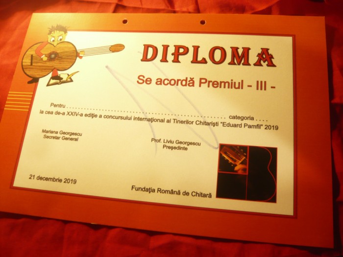 Diploma Premiul III -Fundatia Romana de Chitara-Tinerii Chitaristi E.Pamfil.2019