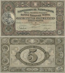 1922 ( 1 VII ) , 5 franken/francs/franchi ( P-11f.3 ) - Elveţia