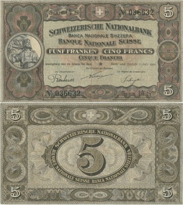 1922 ( 1 VII ) , 5 franken/francs/franchi ( P-11f.3 ) - Elveţia foto